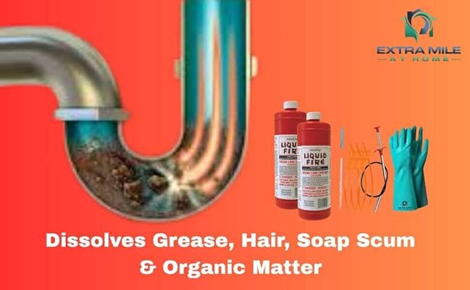 Drain Clog Remover Bundle with Two 32 fl oz Drain Cleaner Bottles, Cleaning Tools & Protective Gloves - 6 Items - Heavy-Duty Acid Formula for Tough Kitchen Sink & Shower Clogs