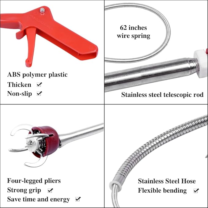 69" Toilet Auger Grabber Tool, Flexible Grabber Unclogging Tool, Four Jaw Pickup, Stainless Steel Telescoping Pole, Toilet Snake for Grabbing Objects Blocked in Toilet Pipes/Drains