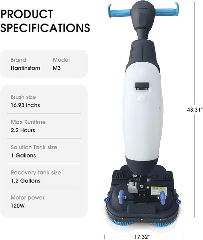 17" Commercial Floor Scrubber Machine with Double Brush Disc Battery-Powered Multi-Functional Floor Buffer Machine 360°Rotation,10700 sqft,350 RPM Motor,1-Gal Tank