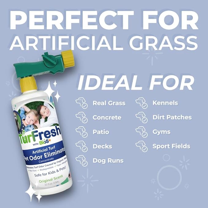 TurFresh BioS+ Artificial Turf Pet Odor Eliminator – Enzyme Concentrate for Dog Urine and Feces for Artificial Grass, Kennels & Outdoor Surfaces – Safe for Kids, Pets & Plants – 32 oz Bottle
