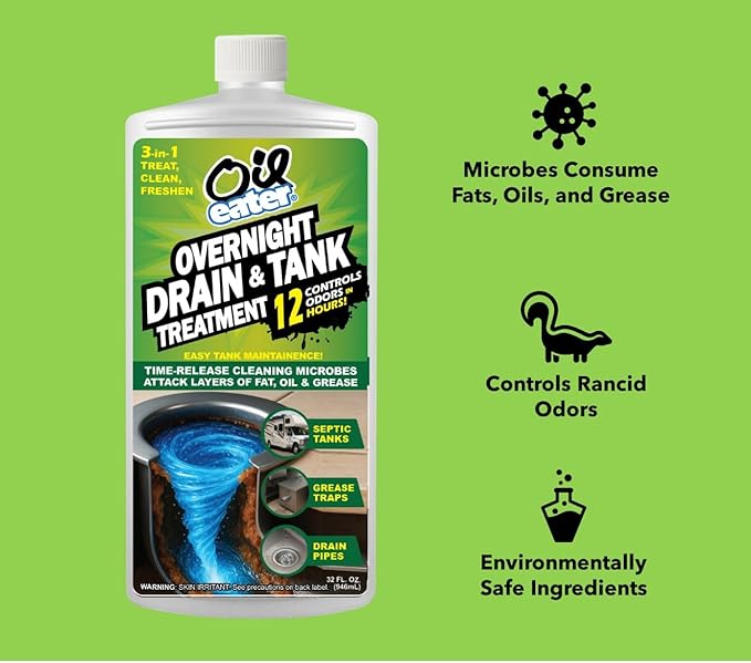 Oil Eater 3-in-1 Microbial Tank Treatment Cleaner, Deodorizer - Grease Traps, Septic Tanks & Drain Pipes, 5-Gallon Pail