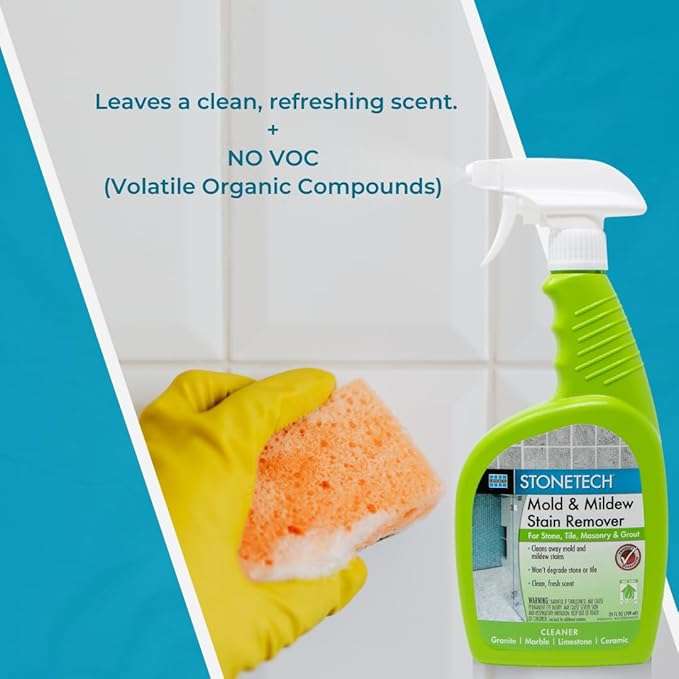 StoneTech Mold and Mildew Stain Remover Cleaning Kit | Kitchen, Patio, Shower, and Bathroom Cleaner for Natural Stone, Tile, and Grout, 2-Pack 24-Ounce Spray with Microfibers and Crevice Brushes