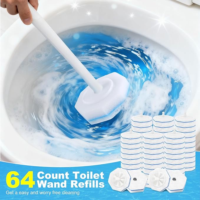 64 Pcs Disposable Toilet Bowl Wand Refills, Toilet Bowl Cleaners Scrubber, 5X Cleaning Power Toilet Brush Heads Replacement Cleaner Refill Pads Compatible with Clorox