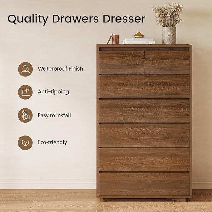 SUCSSRICH Tall Dresser for Bedroom, 52.8" Tall Dresser with 7 Drawers, Wood Dressers & Chests of Drawers, Accent Upright Drawer Organizers for Closet, Hallway