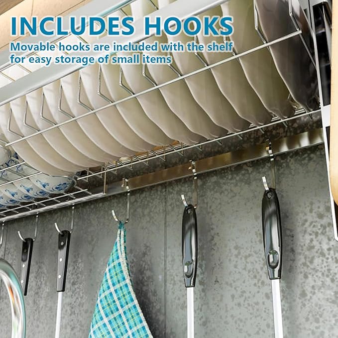 2 Tier Kitchen Dish Drying Rack, Wall Mount Dish Rack Organizer With Drain Tray Cutlery Holder & Hooks, Adjustable Stainless Steel Hanging Cutlery Holder Storage Shelf Over Sink (23.6x11.8x19.7in)