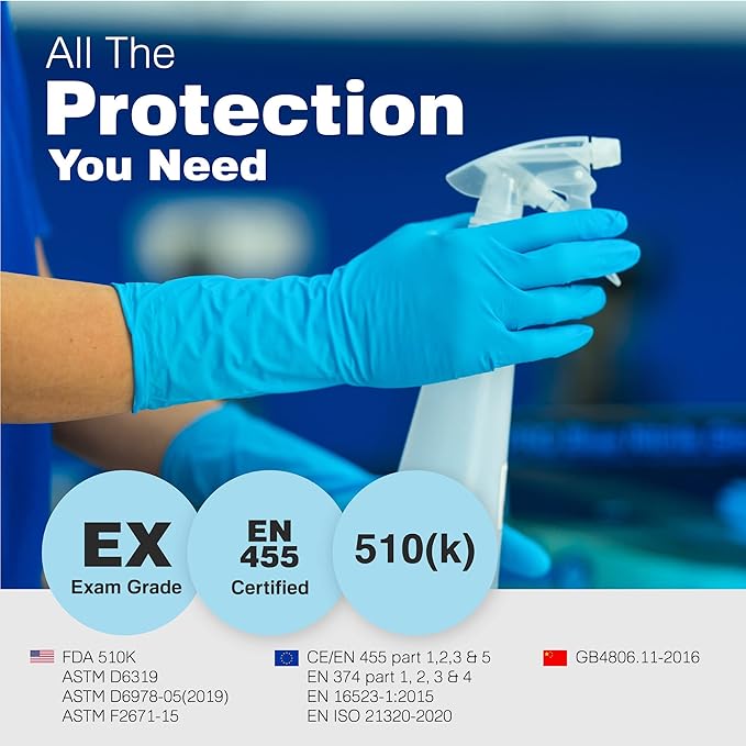 Raxwell Blue Nitrile Disposable Gloves - 8.5mil, Extended Cuff, Latex Free, Food Safe - Waterproof Textured Cleaning Gloves