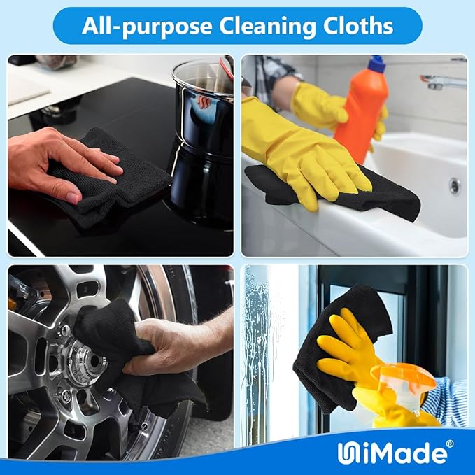 Microfiber Cleaning Cloth, 50 Pack Microfiber Towels for Cars Reusable Shop Rags Bulk Lint Free Cleaning Towels for Car Kitchen Automotive Bar Mechanic Restaurant Garage, 11.5"x 11.5", Black
