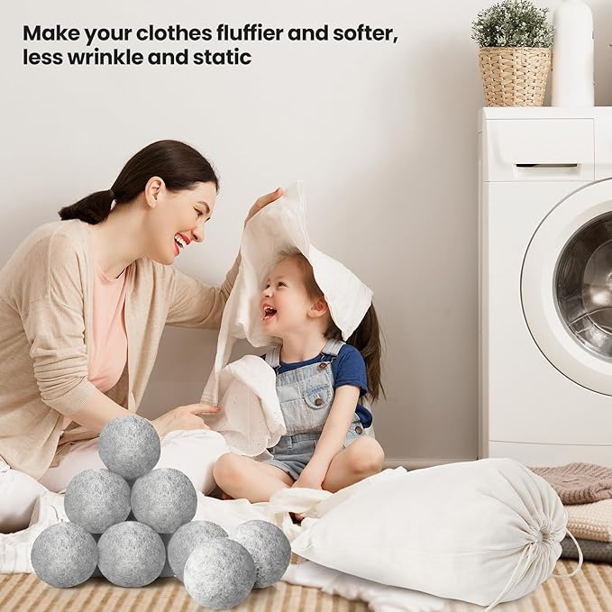 Kenning 26 Pieces Wool Dryer Balls Set, 24 Reusable Dryer Balls with 2 Muslin Bags Fabric Softener for Clothes Laundry Anti Wrinkle Anti Static Saving Energy and Time(Gray)