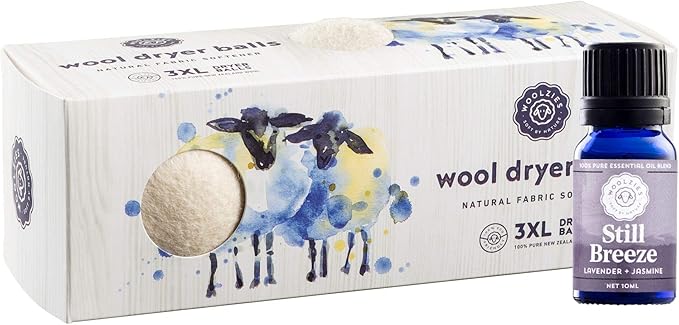 Woolzies Organic Wool Dryer Balls: 3 Pack XL Dryer Balls & Still Breeze Essential Oil Blend | All Natural Laundry Fabric Softener Balls | Made with 100% New Zealand Wool | Best Essential Oil Balls