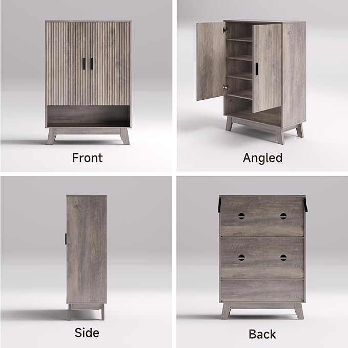 4-Tier Fluted Shoe Cabinet with 2 Doors & Open Shelf, Mid Century Modern Shoe Storage Organizer with Adjustable Shelves, Metal Handles & Wood Legs, Hidden Shoe Rack for Entryway, Hallway