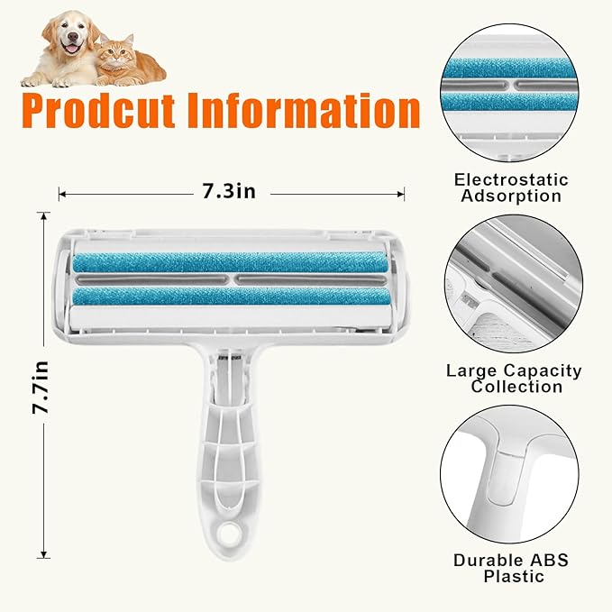 Pet Hair Remover Lint Roller for Pet,Cat Hair Removal Tool Reusable Lint Roller for Furniture, Couch, Carpet, Clothing and Bedding,White Blue