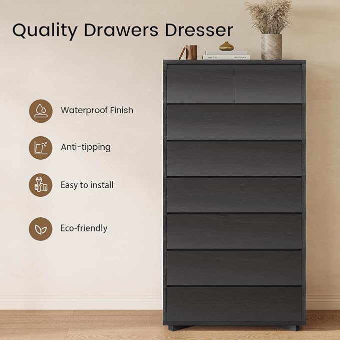 SUCSSRICH Black Tall Dresser for Bedroom, 61.1" Tall Dresser with 8 Drawers, Wood Dressers & Chests of Drawers, Accent Upright Drawer Organizers for Closet, Hallway