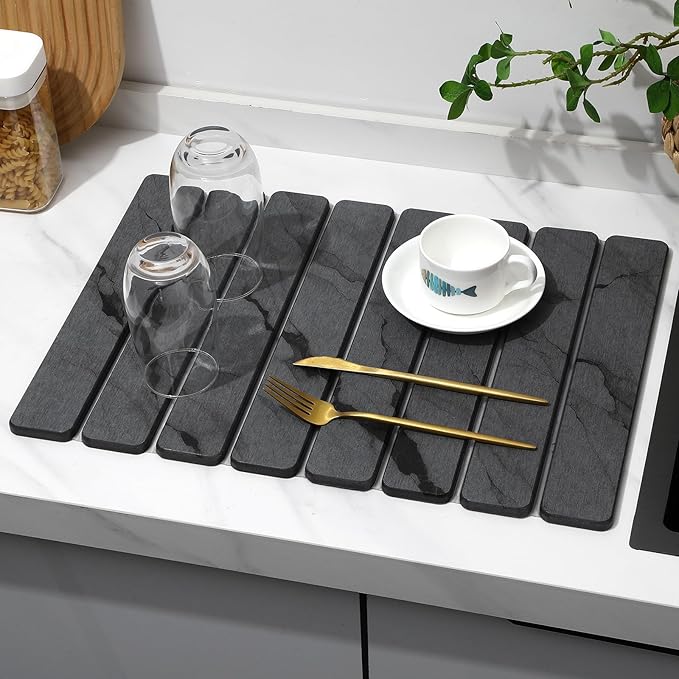 2 PCS Stone Dish Drying Mat for Kitchen Counter,Quick Dry Stone Dishes Mats,Marbled Water Absorbing Diatomaceous Earth Drying Pad for Countertop Bottles Utensils Cups(Dark Gray 20"×14" & 8"x4")