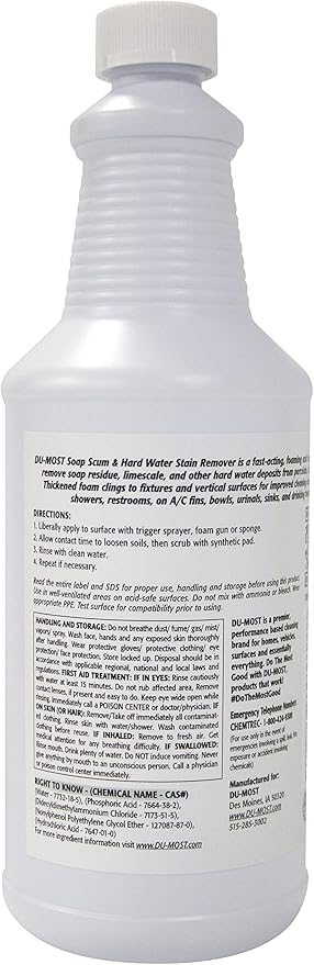 DU-MOST Soap Scum & Hard Water Stain Remover, High Foaming Acid Cleaner Removes Limescale & Soap Residue, Kitchen & Bathroom Use, 32 Oz