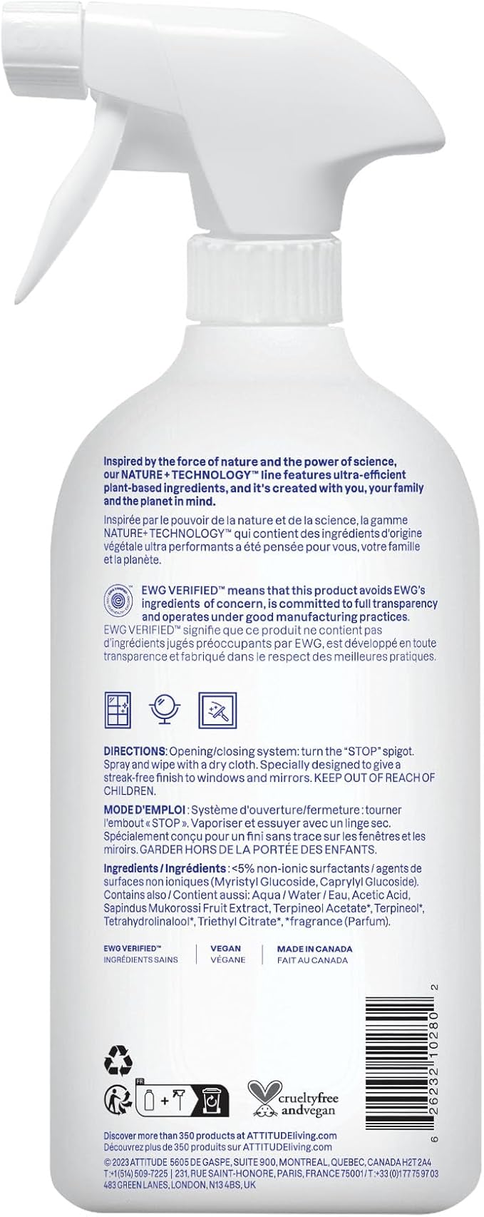 ATTITUDE Window & Mirror Cleaner, EWG Verified, Plant- & Mineral-Based, Vegan & Streak-Free Glass Spray, Citrus Zest Scent, 27.1 Fl Oz