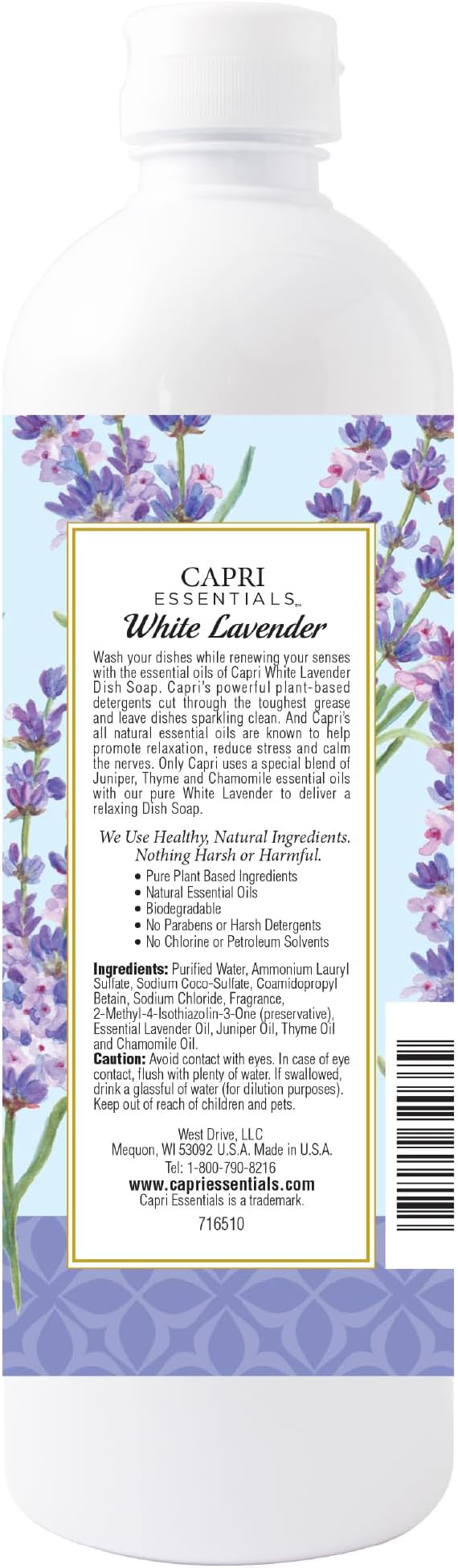 CAPRI ESSENTIALS Dish Soap Liquid, Natural Household Cleaning, Plant Based Aromatic Dish Detergent, Blend of Essential Oils with Juniper & Chamomile, White Lavender, 16 FL Oz (6 Pack)