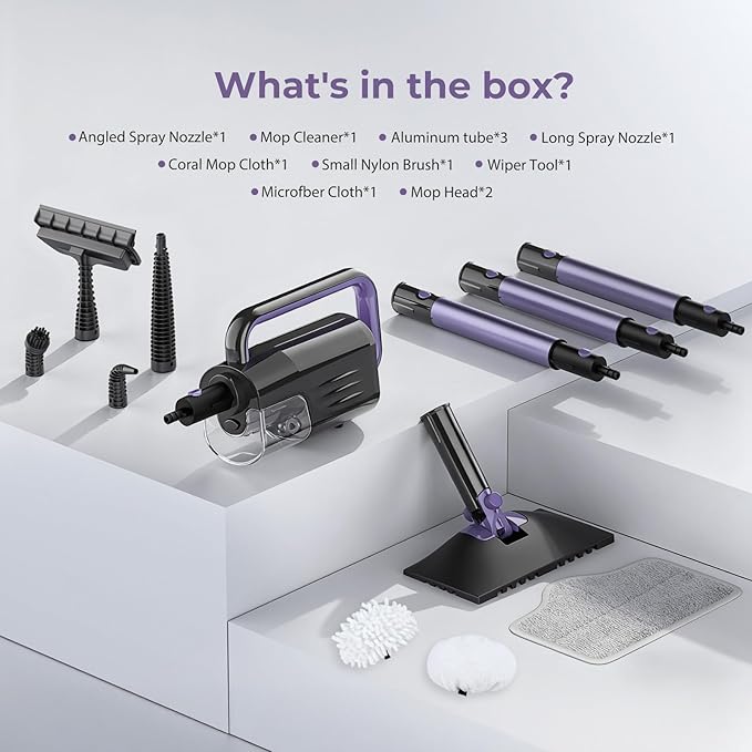 Steam Mop Cleaner with Detachable Handheld Steamer, 6-in-1 Multi Accessories, Removable Water Tank, 23FT Power Cable, Lightweight, Steam Cleaner for sealed Hard Floors (Dark purple)