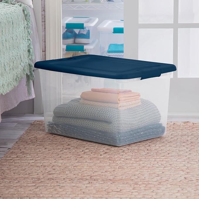 Sterilite 18-Pack Color Program, Large Clear Plastic Storage Bins with Lids, 64 Quart, Blue - Stackable Organizing Container Boxes for Closet, Bathroom, and Office