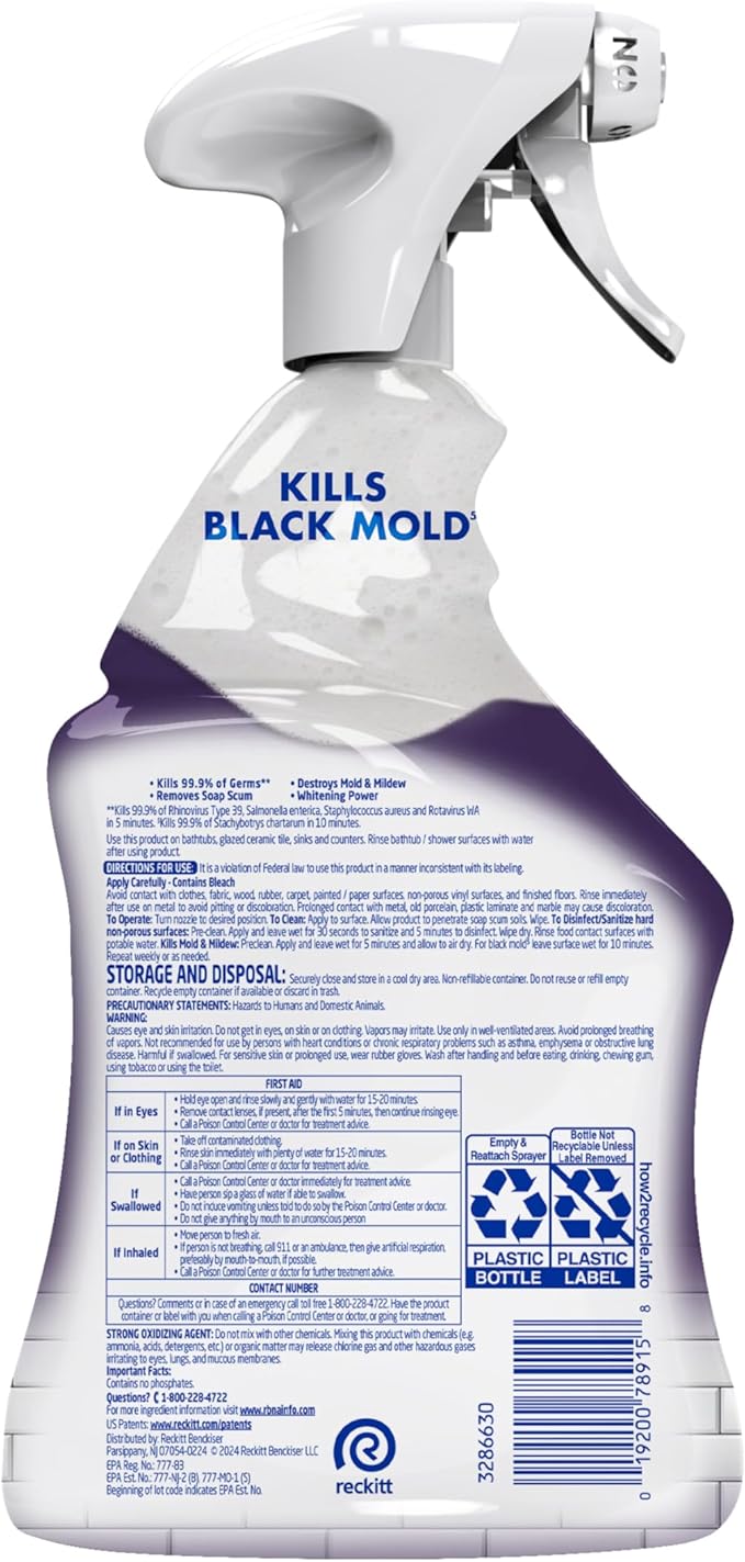 Lysol Mold & Mildew Remover Spray, Bathroom & Shower Cleaner, Disinfectant Spray, Stain Remover with Bleach, Tough on Black Mold, Multipurpose Cleaner for Home and Kitchen, 32oz