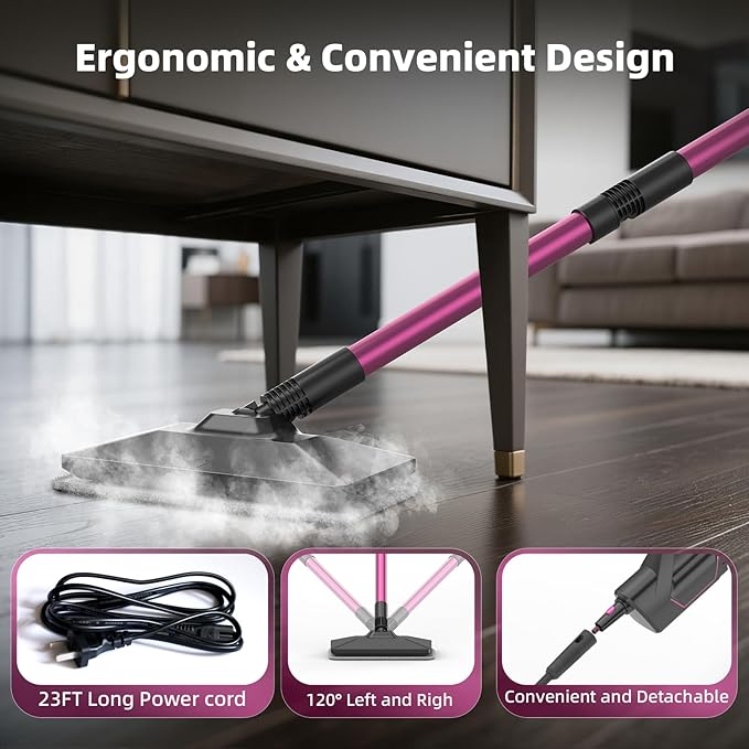 Steam Mop, 12-in-1 Powerful Handheld Steam Cleaner, 260°F Floor Steamer, 440ml Large Tank, 23FT Power Cord, Flexible Hose, 3-Level Control, Multi-Purpose for Hardwood, Tile, Grout, Windows