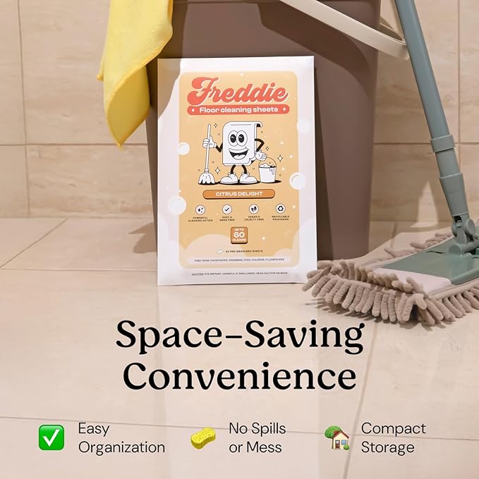 Freddie Floor Cleaning Sheets - Citrus Delight Scent - Plastic Jug-Free - Multi-Surface Cleaner for Hardwood Tile Vinyl - 60 Uses (30 Sheets)