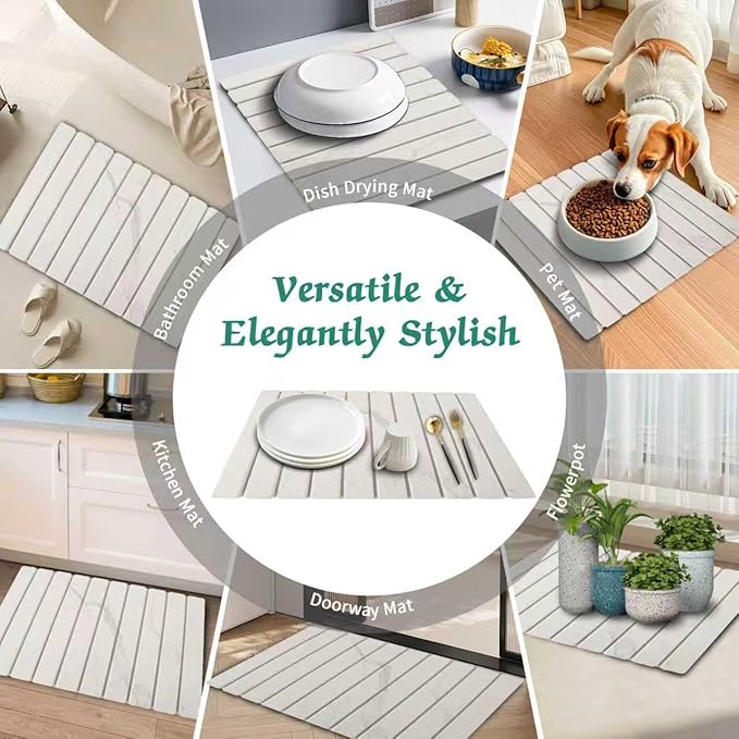 Stone Dish Drying Mat for Kitchen Counter, 24''×15'' Dishes Drying Matt Kitchen Counter, Absorbent Diatomaceous Earth Bath Quick Dry Mats for Tableware, Bottles and Cup(White Marble)