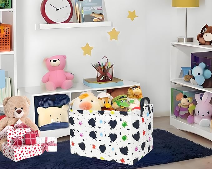 Valentines Day Basket Large Foldable Heart Shaped Storage Box for Gifts Kids Empty Storage Bins Rectangular Toy Organizer Decor (Black Pink Line Love)