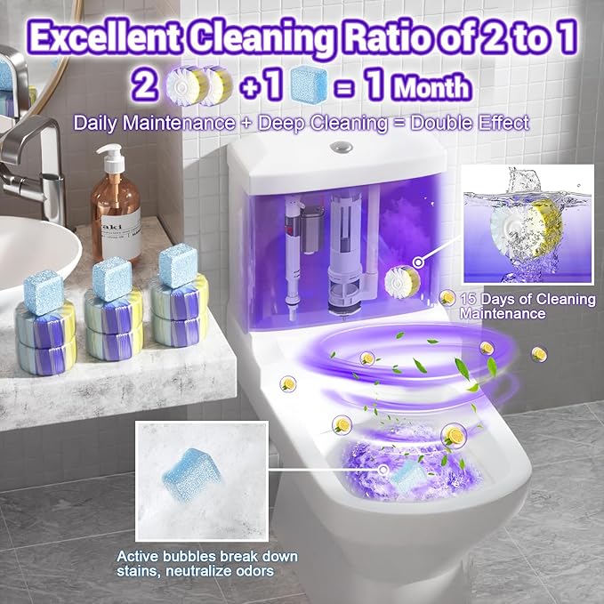 18 Pack Upgraded Toilet Bowl Tablets, 12 Pcs Triple Effect Toilet Bowl Tablets + 6 Pcs Tank Cleaner With Bleach, 2:1 Toilet Bowl Cleaners Drop In Tank For Deodorizing & Descaling(18 Pack)