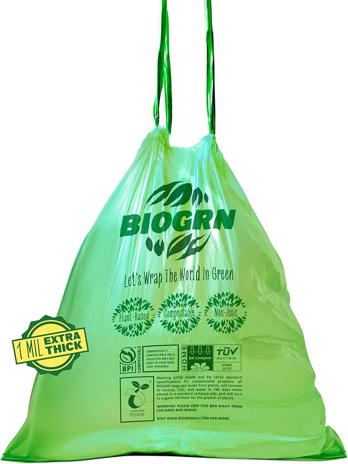 10-13 Gallon Compostable Trash Bags Drawstring 30 Bags Heavy Duty Extra Thick 1 Mil 49.21 Liter Biodegradable Trash Bags Compost Bags Green for Kitchen ASTM D6400 US BPI and OK Compost Home Certified