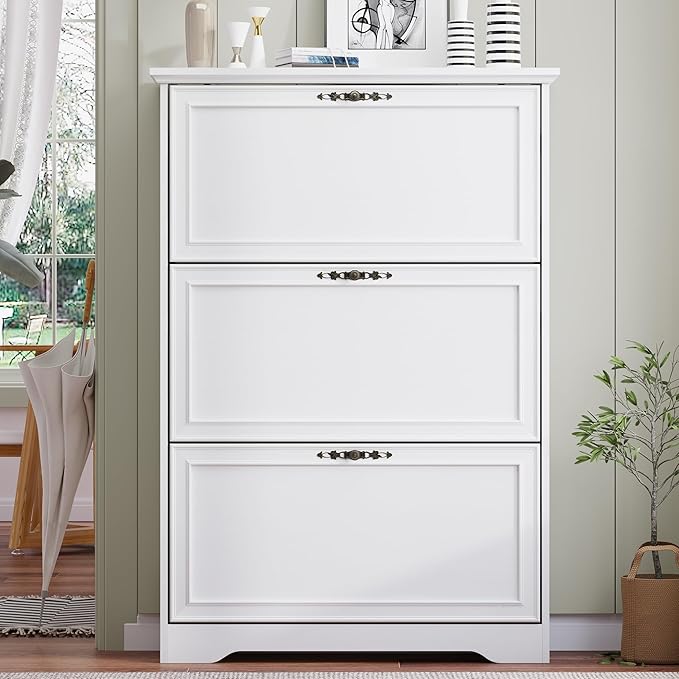 3 Flips Shoe Cabinet for Entryway, Narrow Shoe Storage Cabinet with Adjustable Shelves, Wooden Space-Saving Organizer and Rack for Foyer, Closet, Hallway