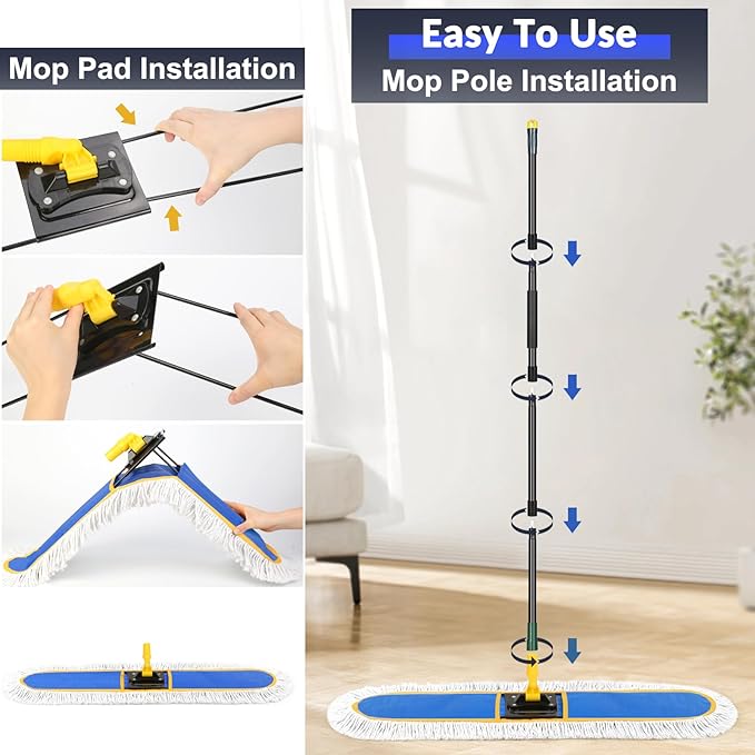 36" Commercial Industrial Dust Mop for Floor Cleaning with Replacement Mop Pads, Heavy Duty Wet Dry Large Mops for Cleaning Floor Office Garage Hardwood Warehouse Factory Mall (Blue, 36 inch mop)