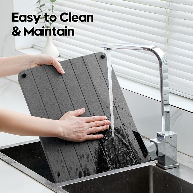 Stone Dish Drying Mat for Kitchen Counter, Water Absorbing Bathroom Tray Sink Organizer, Diatomaceous Earth Countertop Dish Rack Riser Sponge Holder Soap Dish, Dark Gray, 16" x 12"