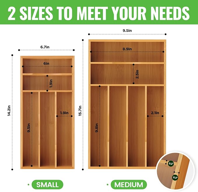 Small Silverware Organizer, Bamboo Kitchen Drawer Cutlery Organizer, Utensil Holder, Flatware Organizer Tray (14.2"x6.7"x1.6")