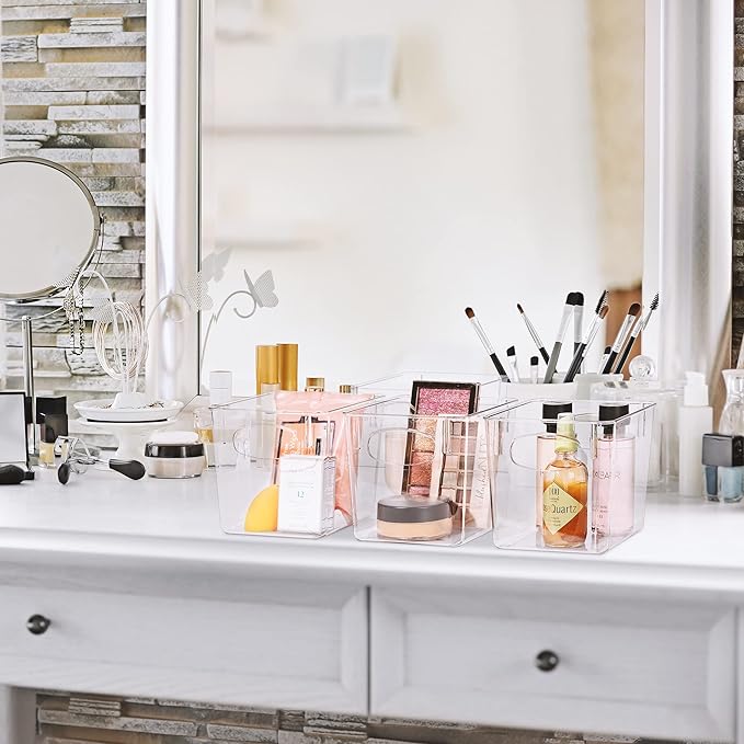 Sorbus Small Clear Plastic Storage Bins for Shelves, Clothes, with Handle - Clear Storage Bins, Drawer, Shelf, Closet, Pantry, Fridge, Freezer Organizer Bins, Closet Organizers and Storage (4 pack)