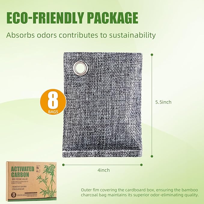 Activated Charcoal Odor Absorber 8 Pack, Natural Coconut Charcoal Air Purifying Bag for Strong Odor, Charcoal Bags Odor Absorber for Fresh Home Car Closet Smoke Room Musty Odor Eliminator Deodorizer