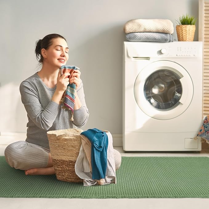 ZALL Waffle Bath Mat,Super Absorbent Non Slip Bathroom Rug,Sage Green 24X60inch,Machine Washable Ultra Soft Floor Mats