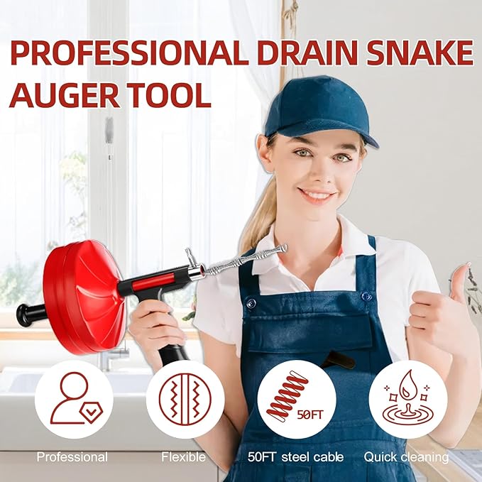 50FT Drain Snake for Clog Removal, Drill Powered & Manual Auger, 1/4 Inch Plumbing Snake for Kitchen Sink, Shower & Bathtub Drain, Hair Clog Remover Tool with Gloves & Storage Bag