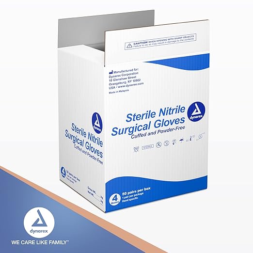 Dynarex Sterile Nitrile Surgical Gloves, Powder-Free and Puncture-Resistant Nitrile Gloves, 6 Mil., Size 9, 1 Case of 200 Pairs (4 Boxes of 50)