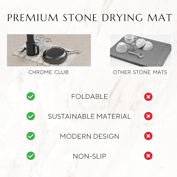 Stone Drying Mat for Kitchen Counter - Collapsible Diatomaceous Earth Dish Drying Stone - Fast Absorbent Stone Dish Drying Mat for Dishes and Pots (White Marble)