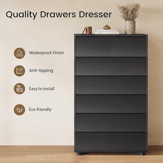 SUCSSRICH Black Tall Dresser for Bedroom, 52.8" Tall Dresser with 7 Drawers, Wood Dressers & Chests of Drawers, Accent Upright Drawer Organizers for Closet, Hallway