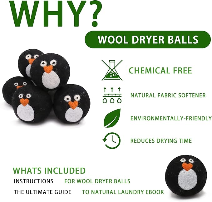 Pack of 6 Wool Dryer Balls, Muulaii Reusable Fabric Softener, Extra Large, Black Penguin
