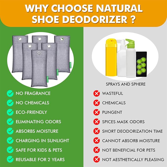 Activated Charcoal Odor Absorber for Strong Odor, Natural Shoe Deodorizer. Sneaker Odor Eliminator, 2 Pack Bamboo Charcoal Air Purifying Bags, Odor Remover Moisture Absorbers for Shoes