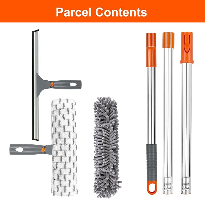 Window Squeegee with Long Handle, 57 inch BITOPE Glass Cleaner Tool with Telescopic Pole, Microfiber Cleaning Pads & Chenille Cloth for Car Windshield, Mirror, Door, Solar Panel, Inside/Outside Window