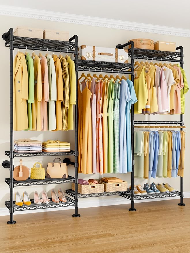 M6 Clothes Rack for Wall Mounted, Heavy Duty Closet Wardrobe System with 8 Shelves and 4 Hanger Rods, 68.5" W x 11.8" D x 86.6" H Clothing Storage Organizer for Holding 1064lbs, Black