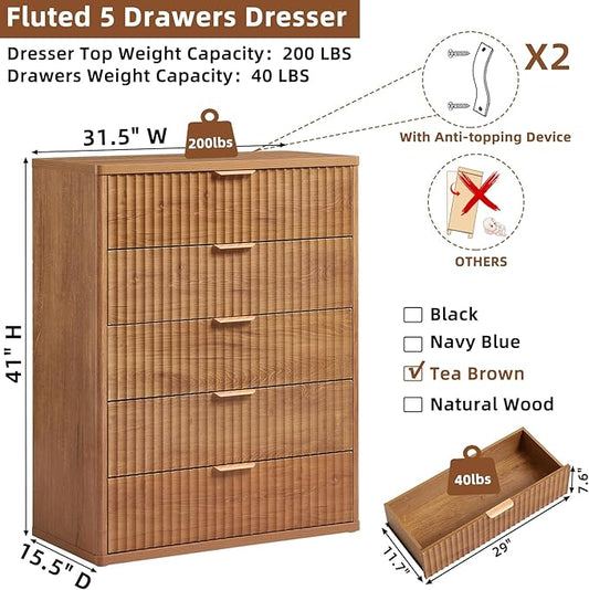 LEYAOYAO Fluted 5 Drawers Dresser Set of 2, 41" Tall Modern Chest of Drawers with Metal Handle, Curved Profile Dresser TV Stand, Wooden Drawer Organizer for Bedroom, Living Room, Hallway, Navy Blue