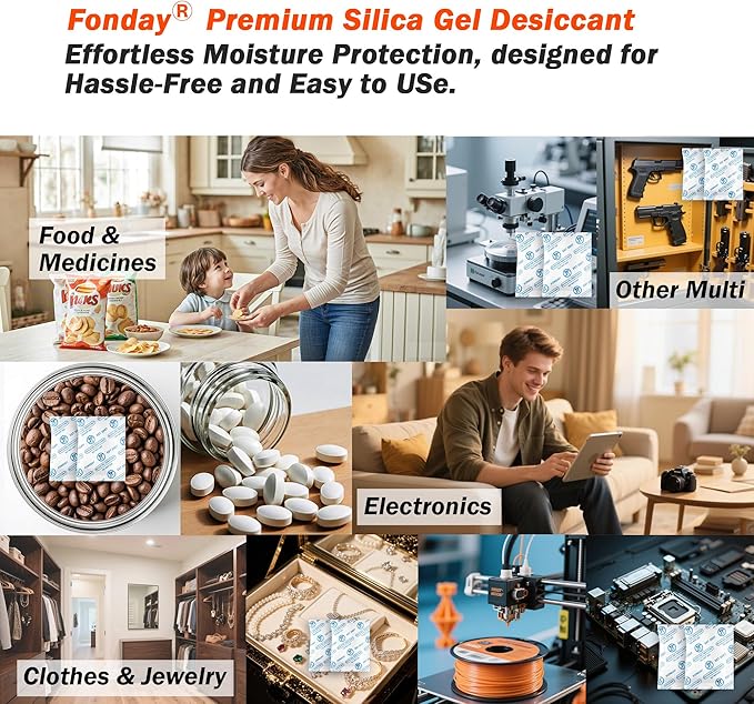 2g x 500 Packs Fonday Food Grade Silica Gel Desiccants Packs Moisture Absorbers Dehumidifier for Food Storage, Electronics, 3D Filament & Safes