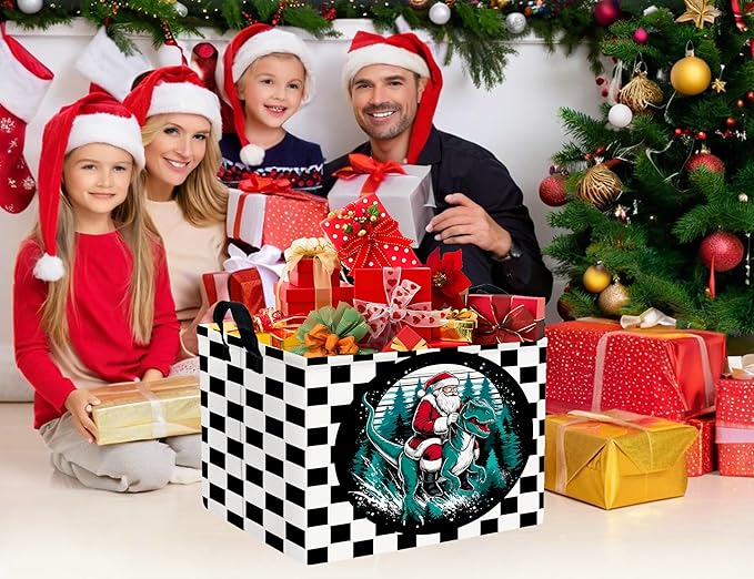 Large Christmas Gifts Empty Baskets Kids Collapsible Holiday Storage Bin with Handle (Dinosaur Santa Claus)