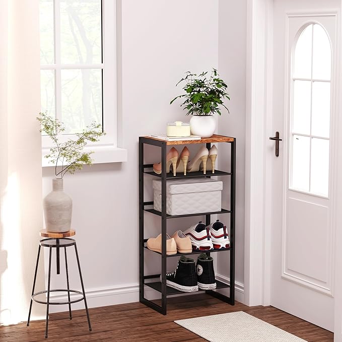 Narrow 5-Tier Shoe Rack, Slim Space-Saving Shelf with Decorative Wood Top & Steel Mesh, Entryway/Closet/Dorm Organizer, 16.5x11.8x36 Inches