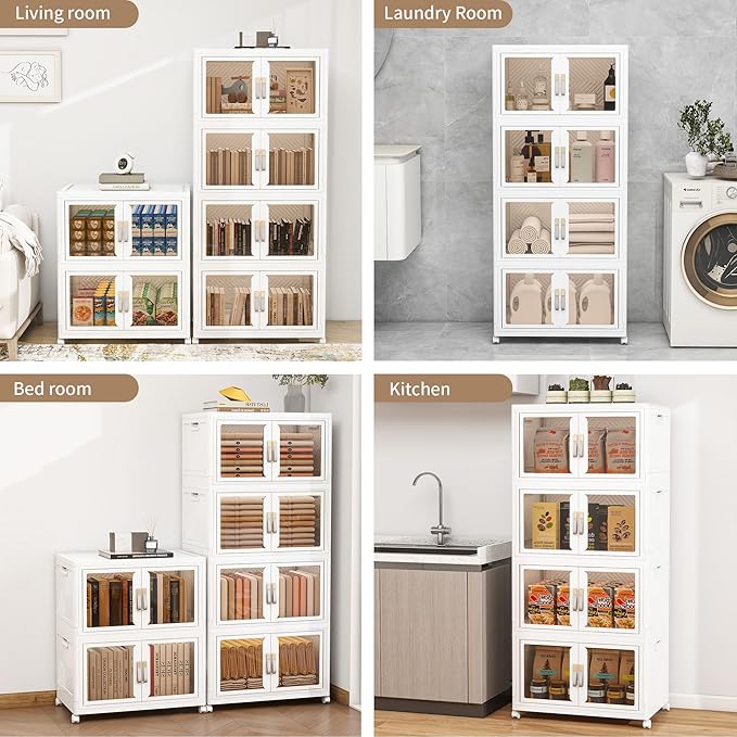 Large Clear Stackable Storage Bins with 2 Lids, Foldable Storage Cabinet for Closet Organizers and Storage, Plastic Storage Box with Wheels 597 QT