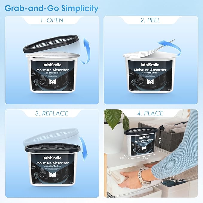 Moisture Absorbers, Efficient Activated Charcoal Humidity Absorber & Odor Absorber Boxes, Refillable Car Dehumidifier for Closet, Bathroom, Basement& RV, 3 Pack